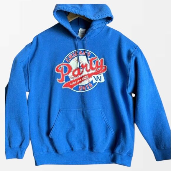 Gildan Hoodie Men's L Chicago Cubs 2016‎ Party 1908 Blue Baseball Y2K Sportswear - Picture 8 of 16